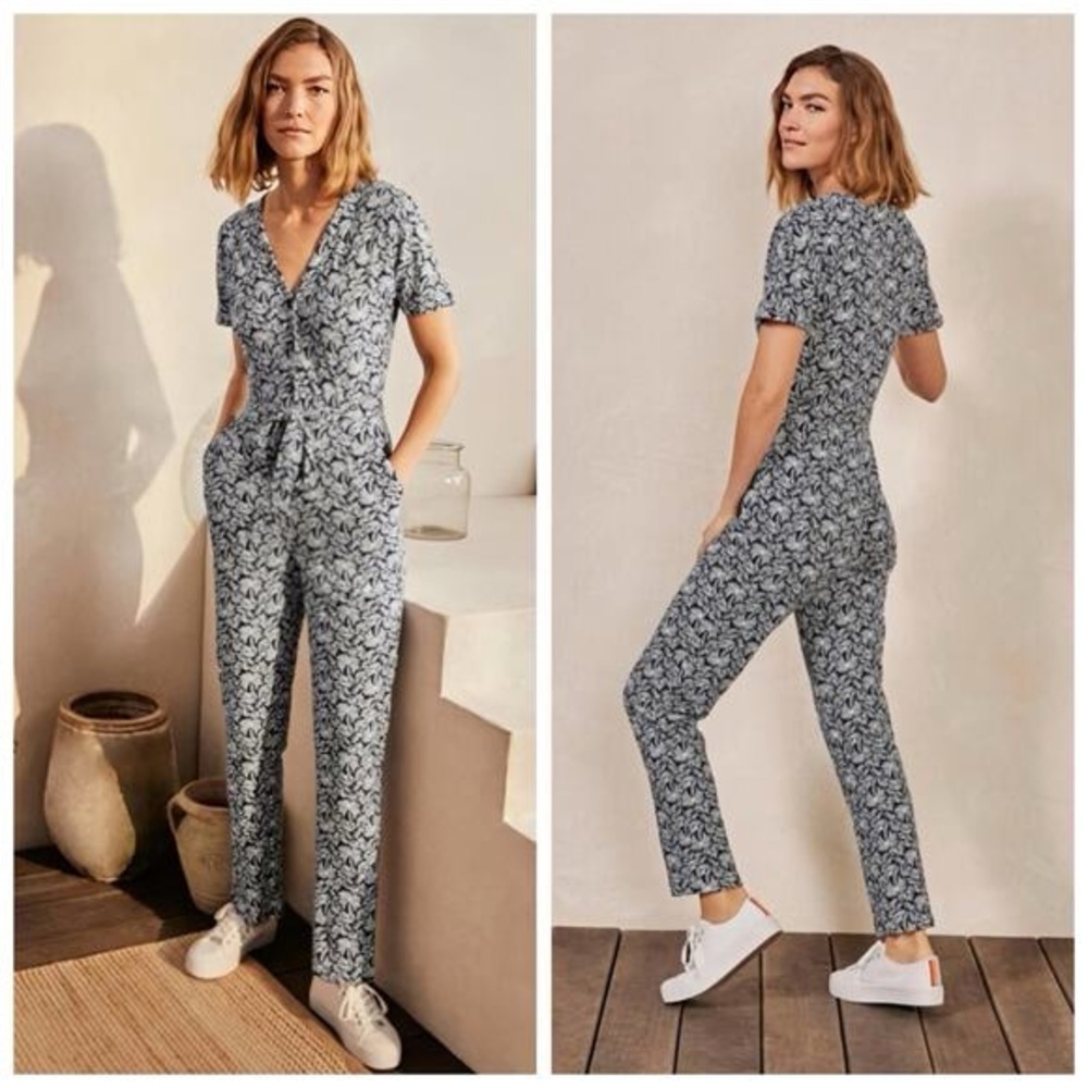 Boden Jumpsuit Size 12 T Bohemian Print Navy/White *Missing Tie* Pockets‎ Button